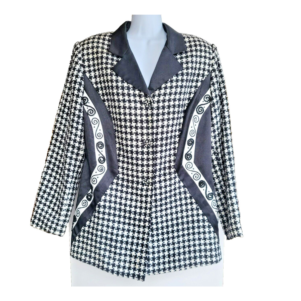 COPY - Donna Vinci Couture Size 12 Blazer Black White Beaded Houndstooth Unique